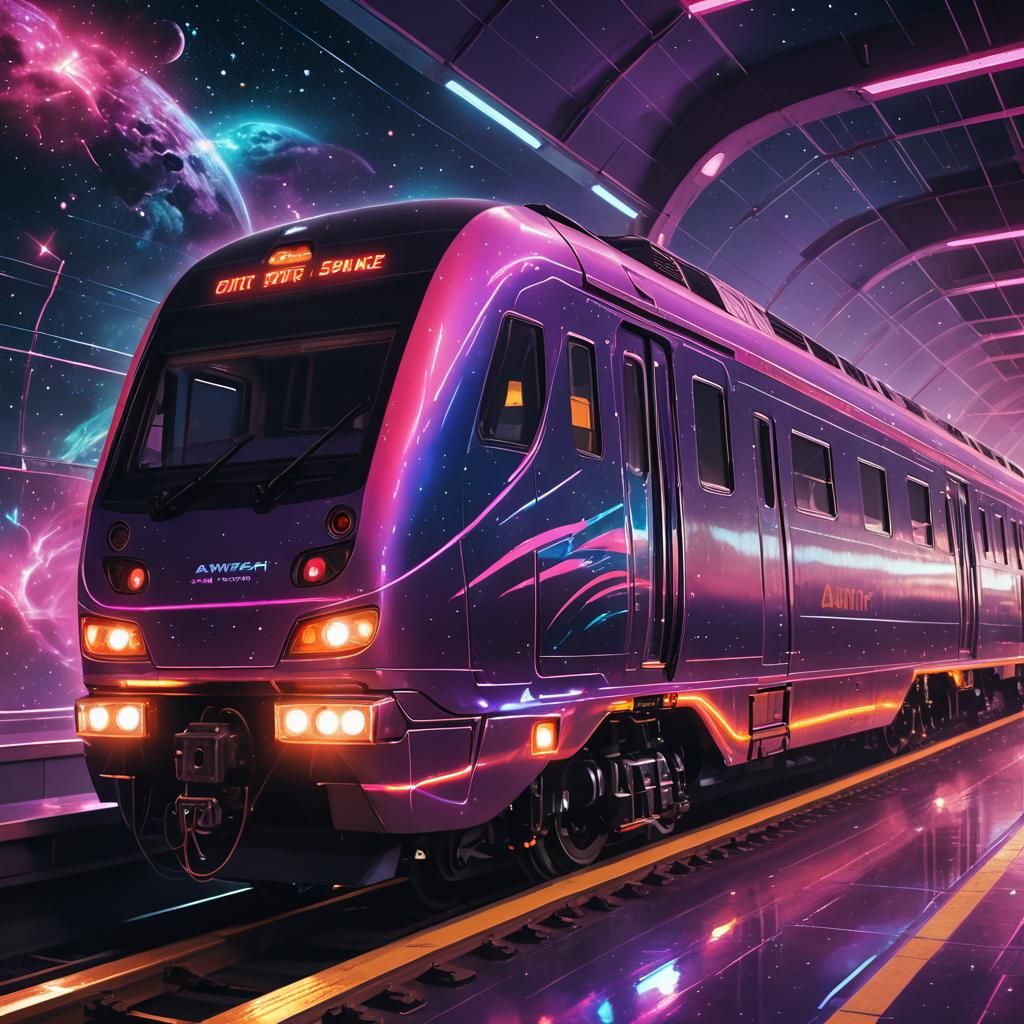 Retrofuturistic Amtrak Train Soaring Through Neon Space