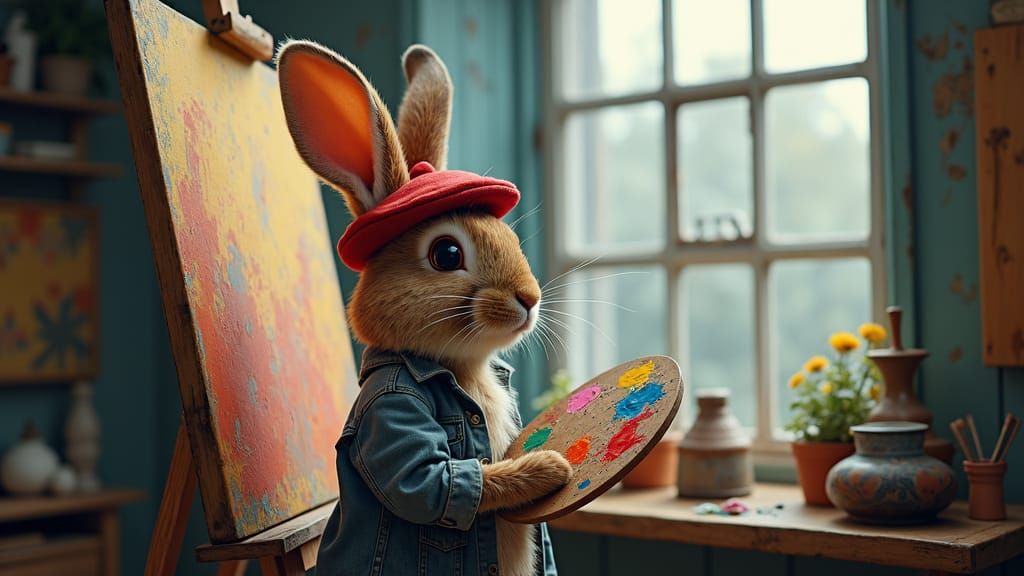 Rabbit Painter in Impressionist Style Studio