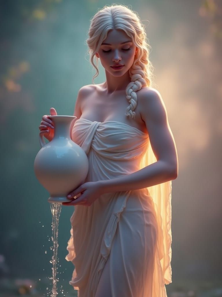 Aquarius Woman of Milk Glass in Foggy Landscape