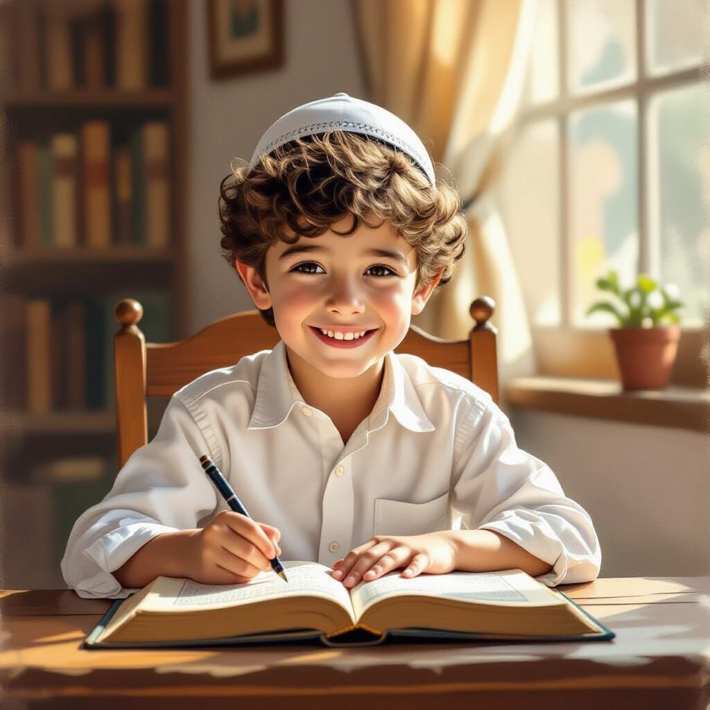 Joyful Boy Studying Torah: Whimsical Illustration
