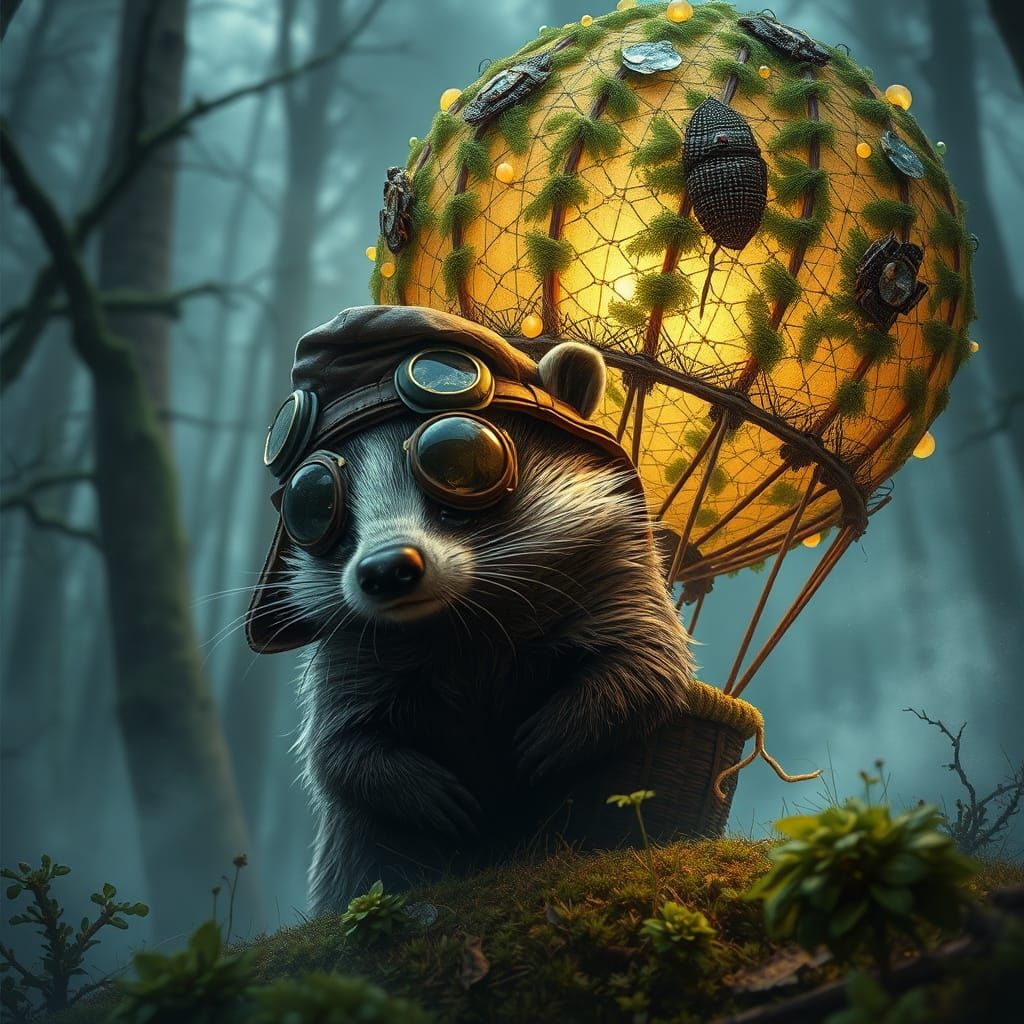 Badger Discovering Silk Hot Air Balloon, Stalenhag Style