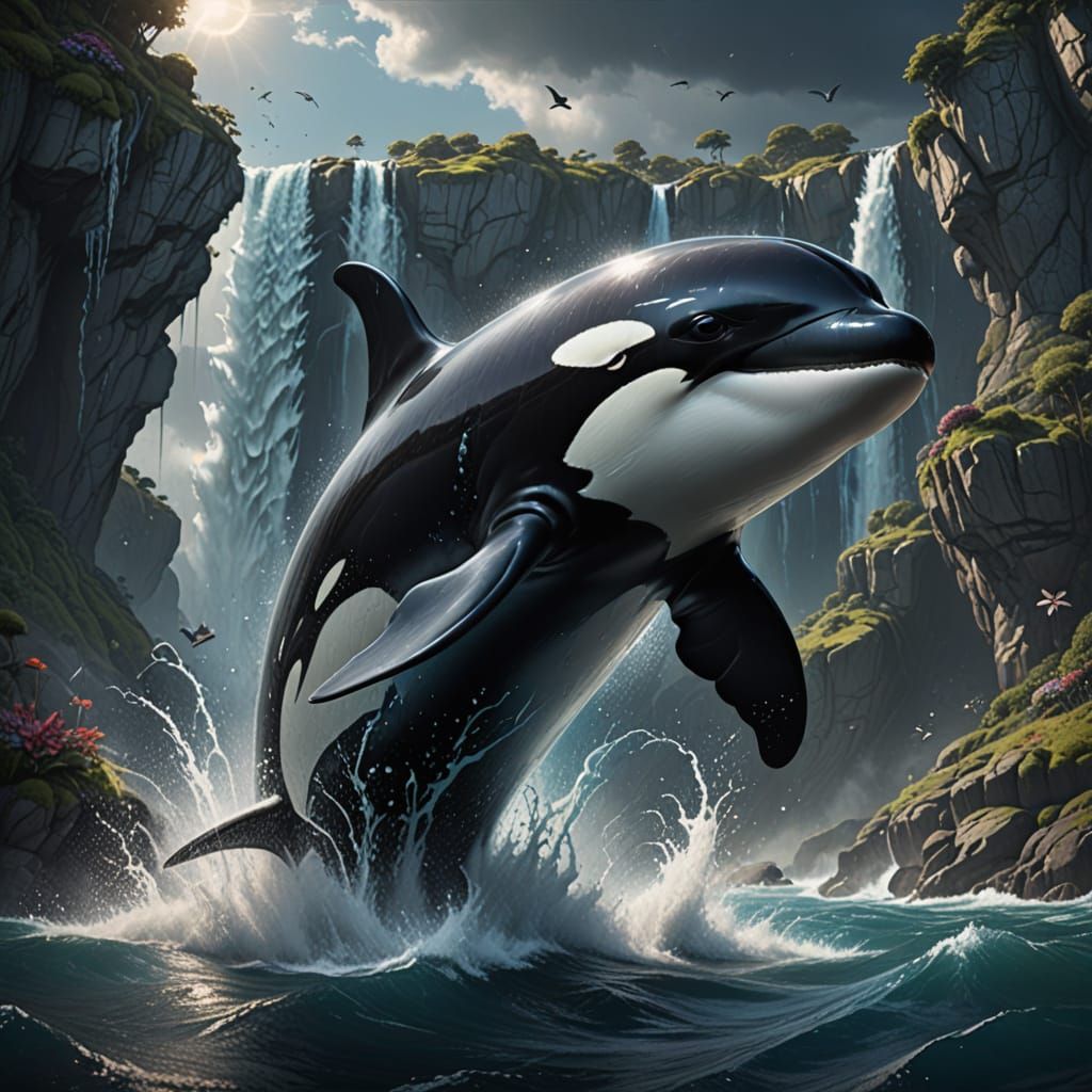 Sleek Orca Portrait in Deep Blue Ocean, Captured in High-Det...