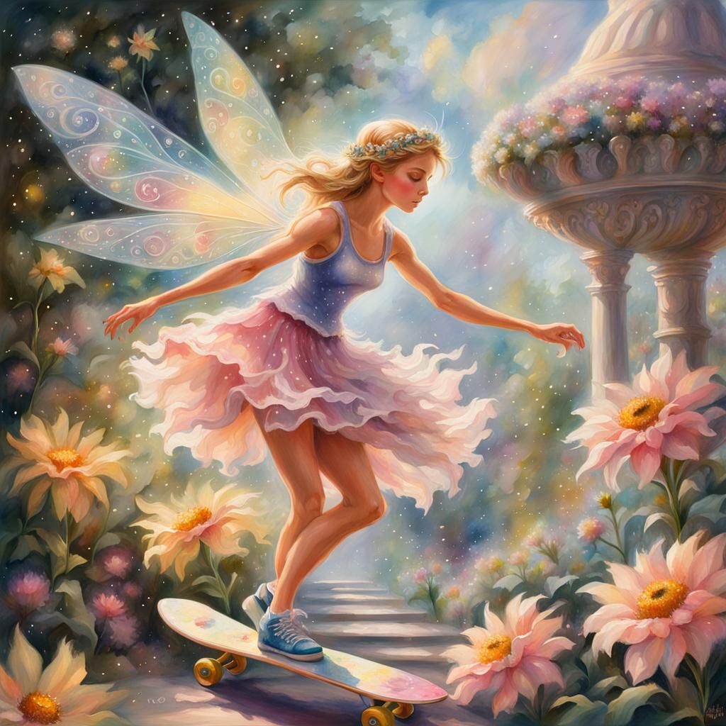 Skateboarding Fairy in Ethereal Watercolor Fantasy