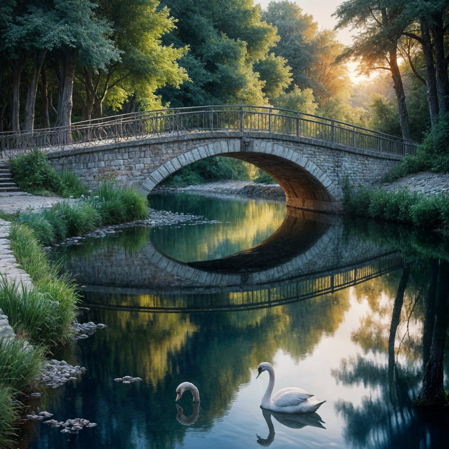 White Swan on River by Forest Bridge