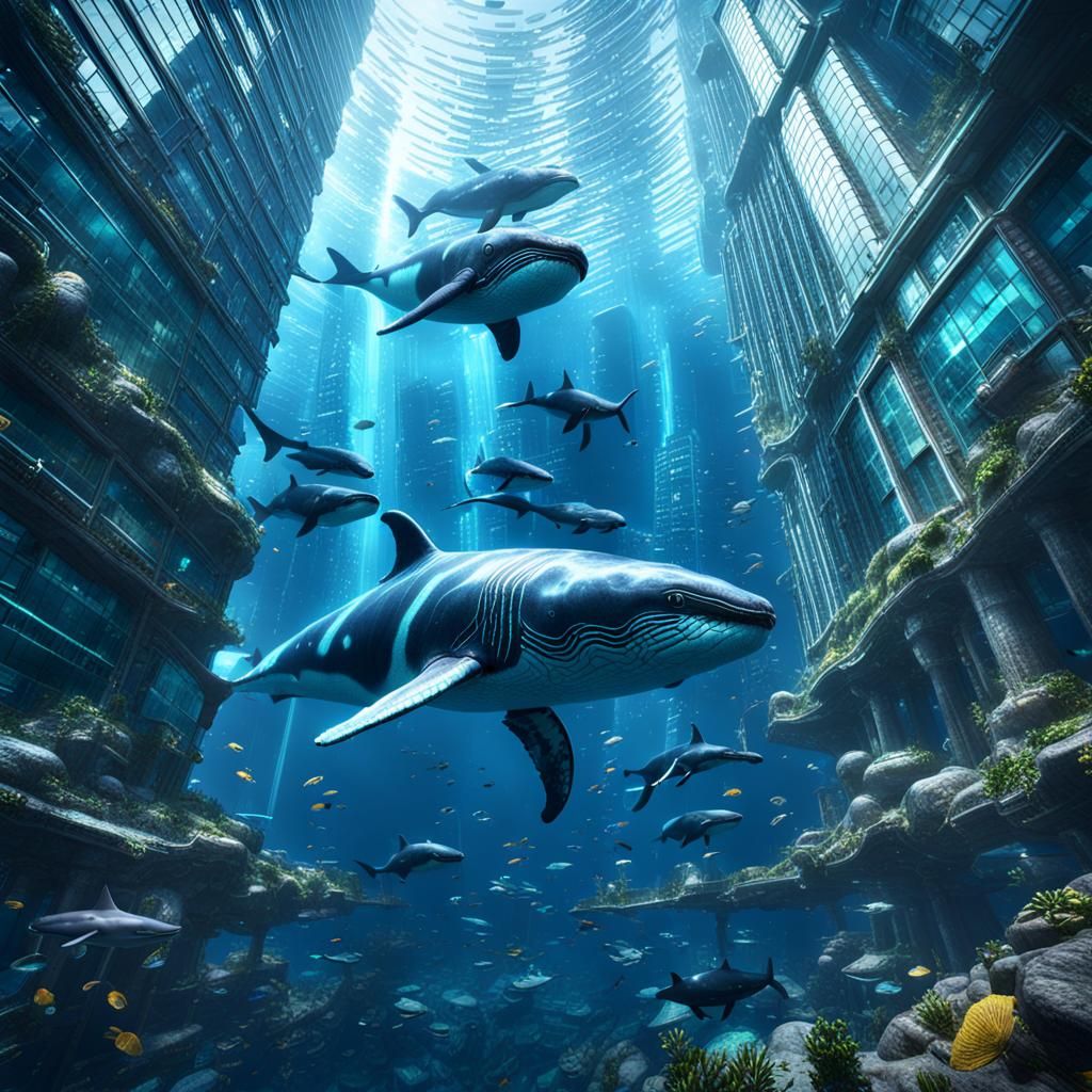 Underwater Skyscraper with Blue Whales: 3D Cinematic