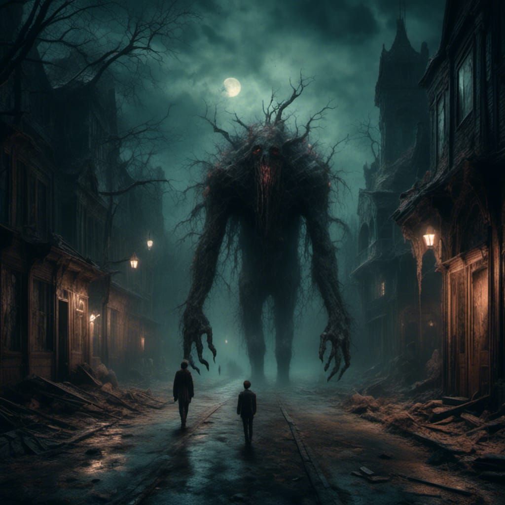 Macabre Street Scene with Floating Corpses