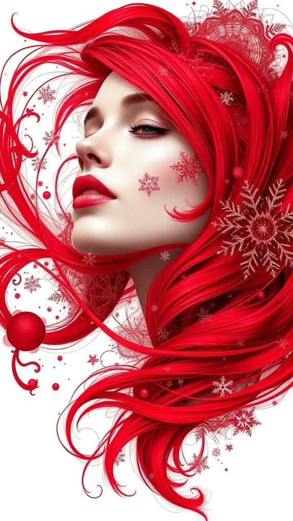 Surreal Portrait of a Woman with Vibrant Red Hair and Fracta...
