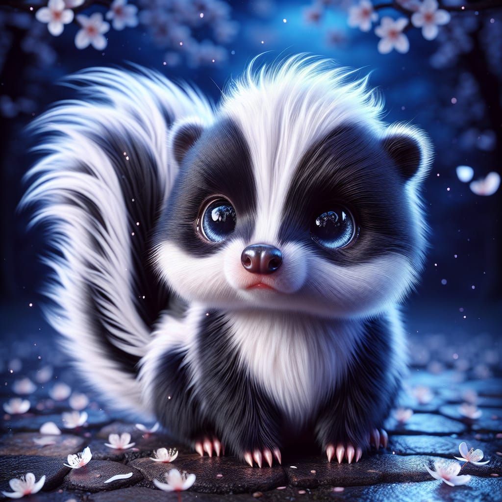 Hyperrealistic Skunk with Blue Eyes Under Cherry Blossoms