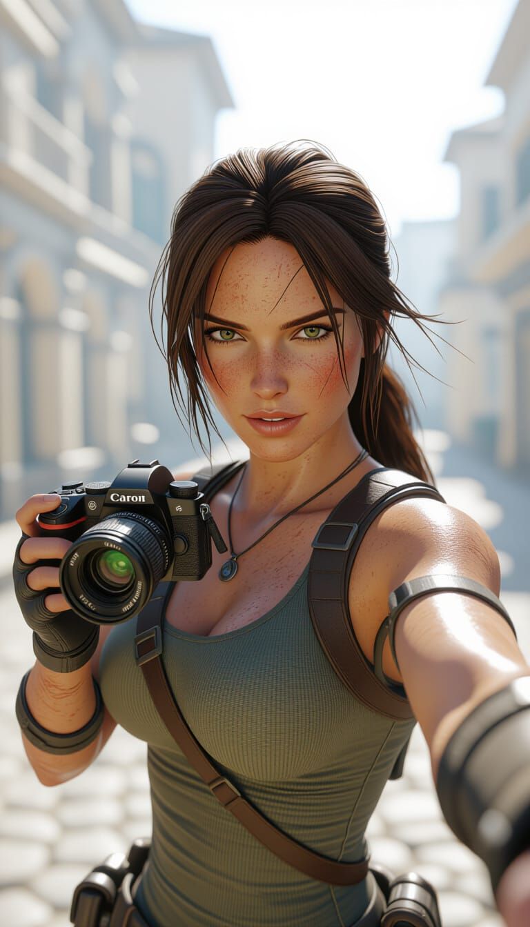 Lara Croft Takes a Selfie With Professional Camera