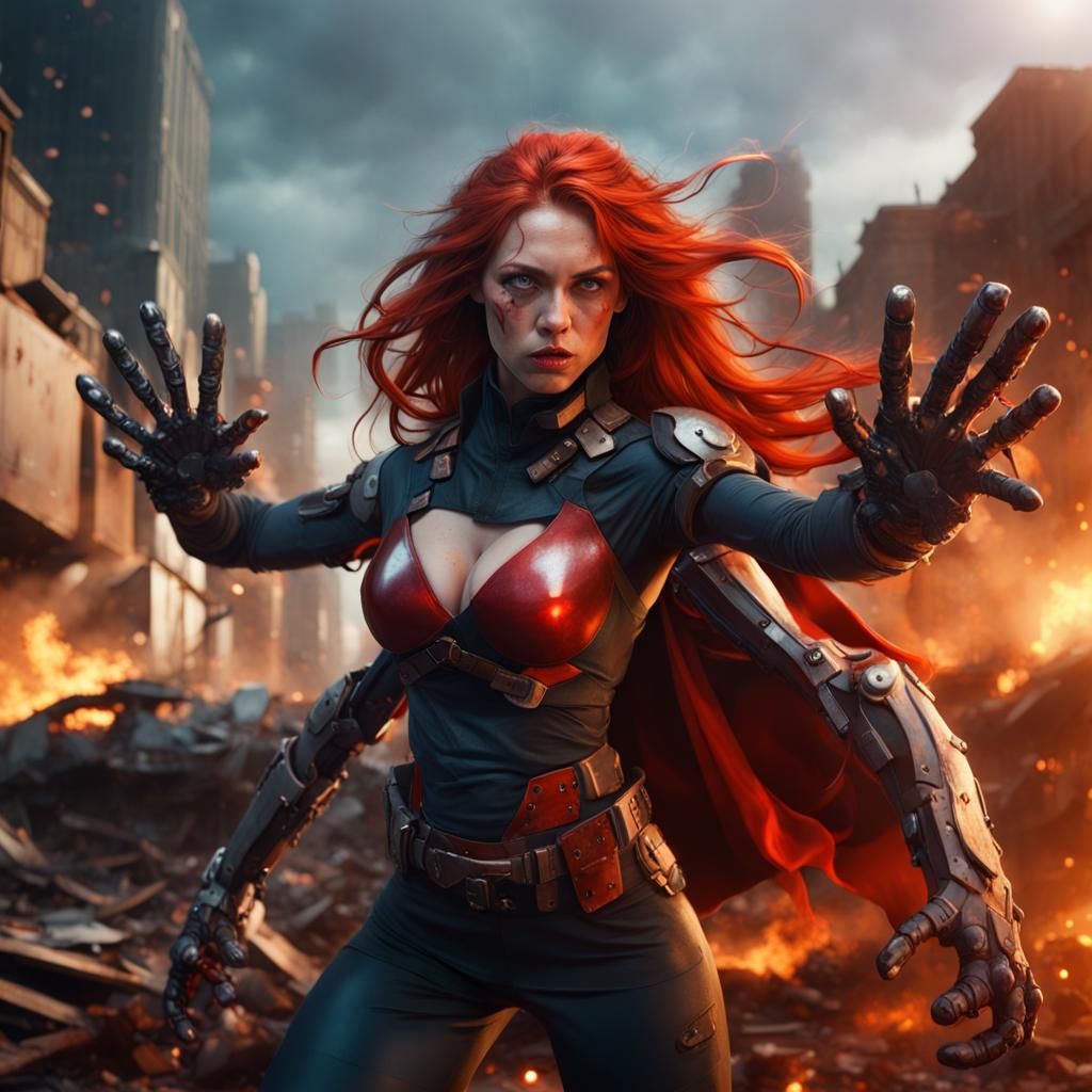 Multi-Armed Superheroine Battles in Ruined City: Digital Art