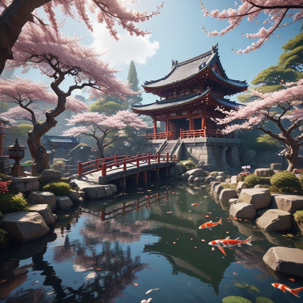 Japanese Temple with Koi Pond in Anime Style