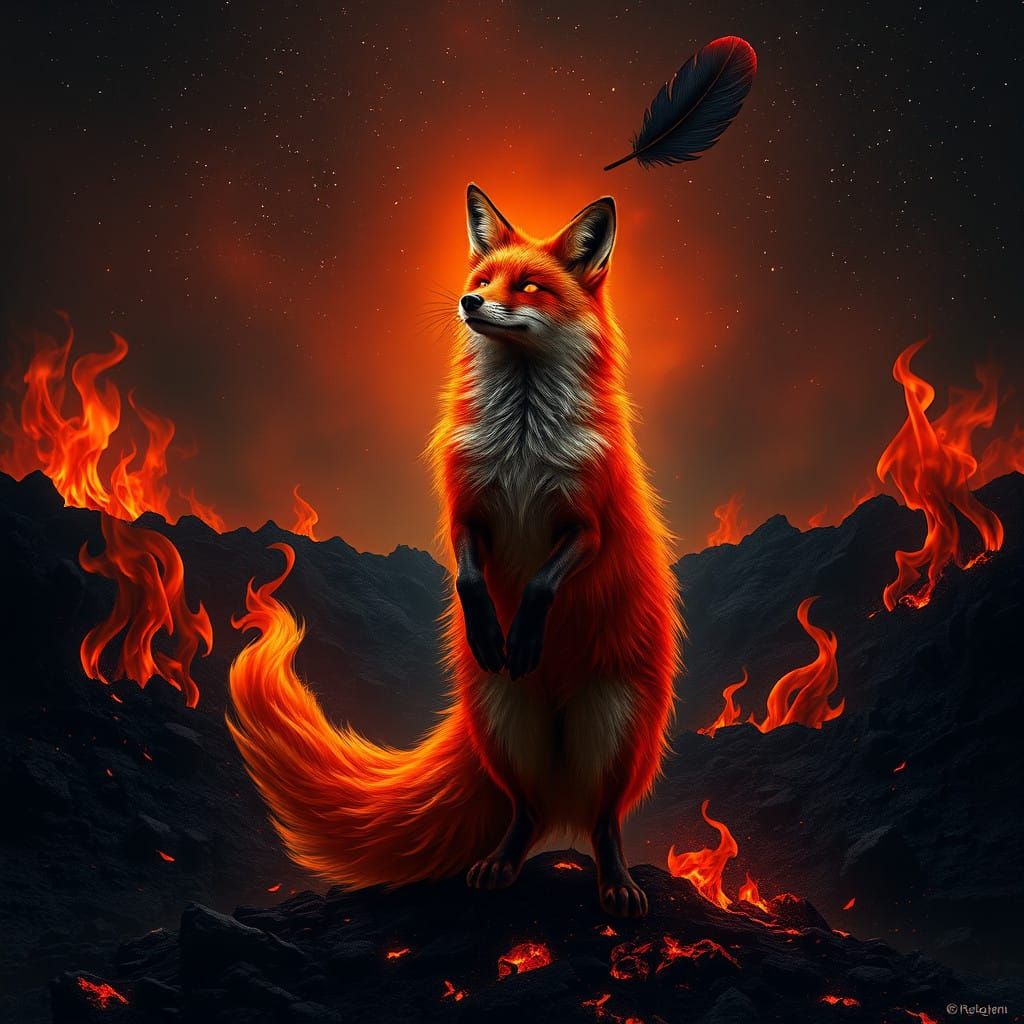 Fiery Fox Stands Tall in a Hellish Landscape with Crimson Fu...