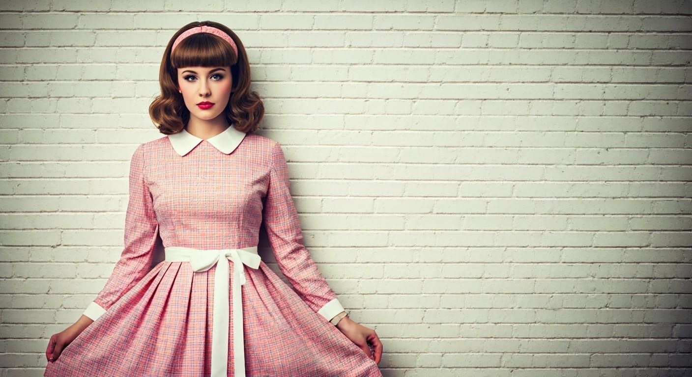 1960s Style Woman in Pink Plaid Dress Portrait