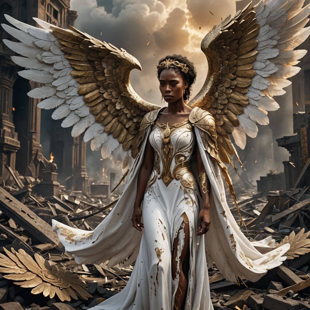 Crying Angel in Apocalyptic War Scene, Detailed Matte Painti...