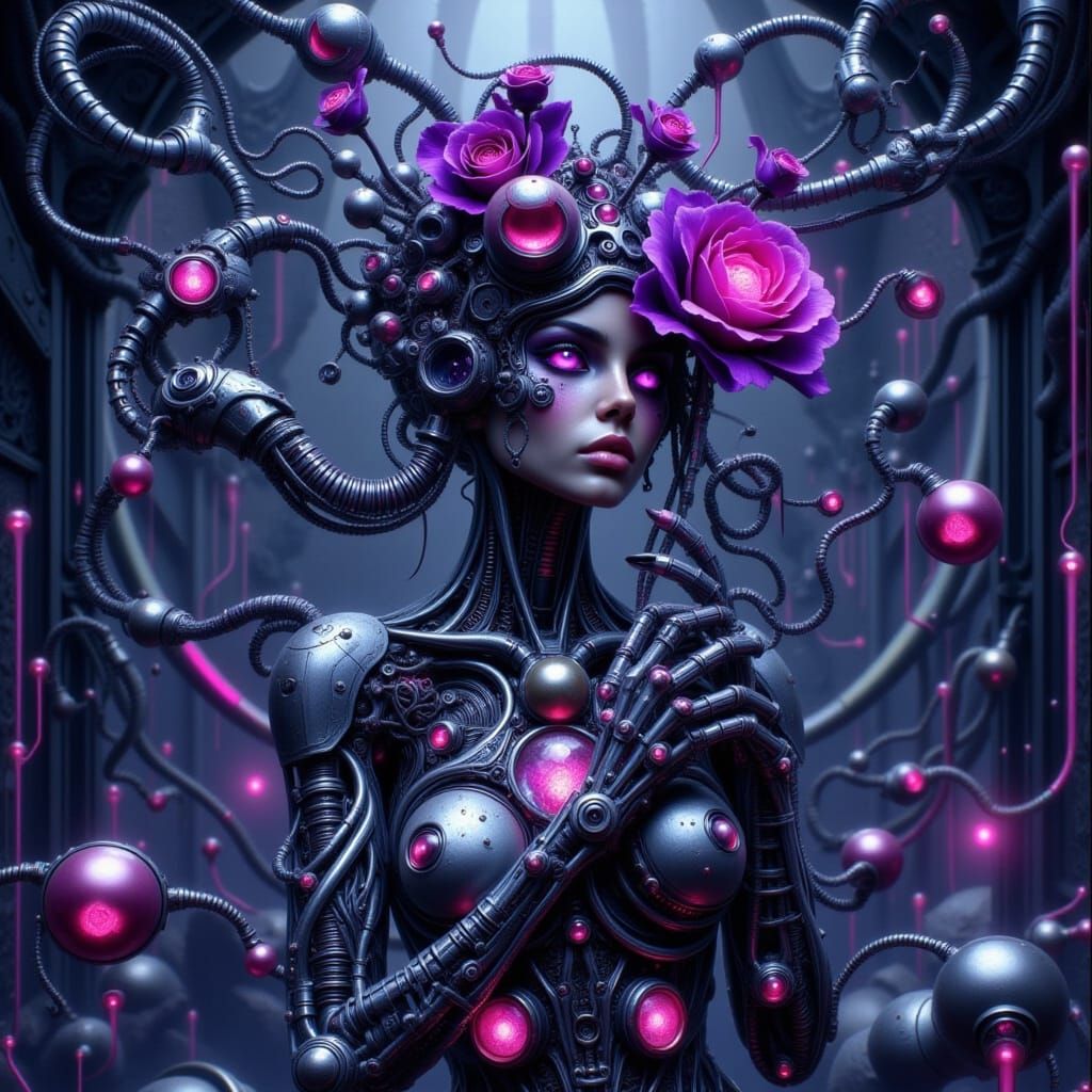 Biomechanics Girl Holding Glowing Rose in Sci-Fi City