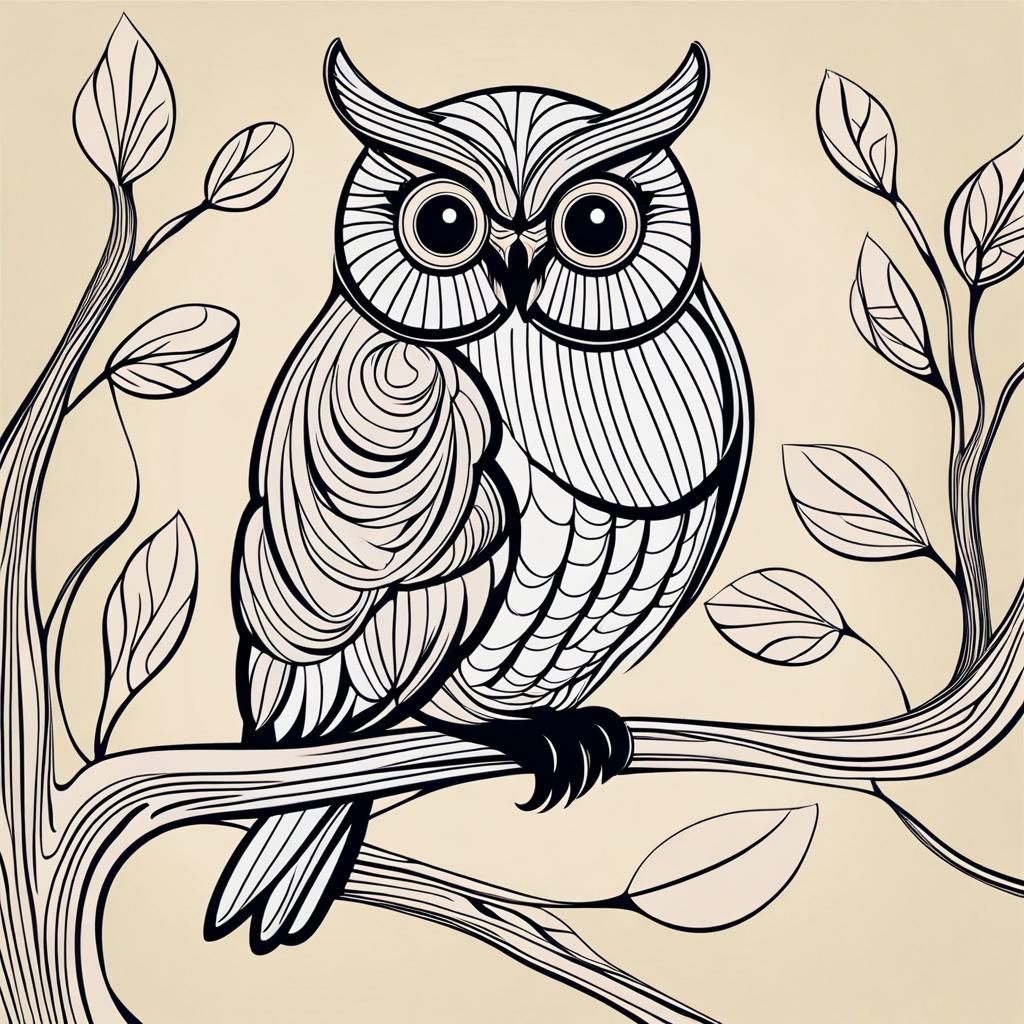 Minimalist Line Art Owl on Branch