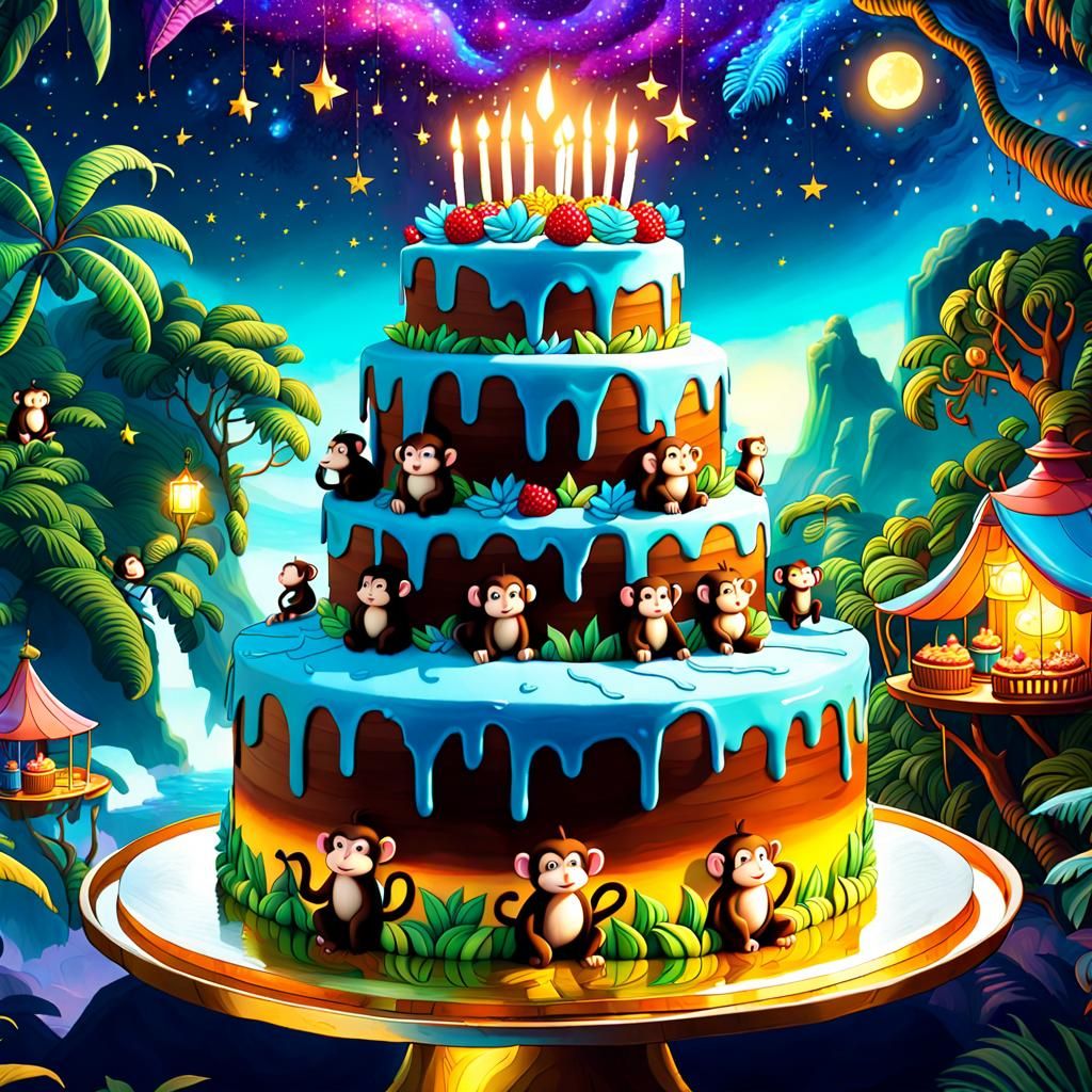 Swinging Monkey's Jungle Scene Happy Birthday Cake