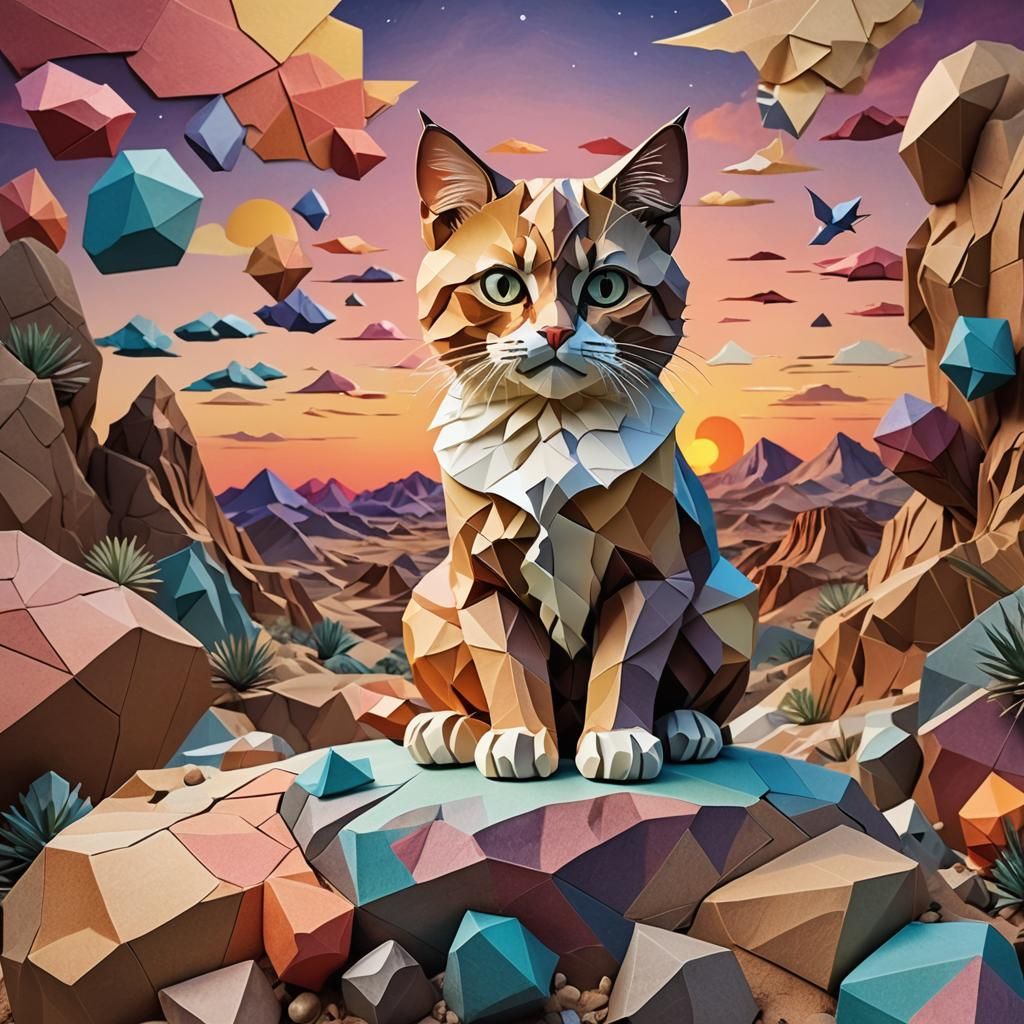 Grumpy Kitten at Desert Sunset: Paper Cutout Collage