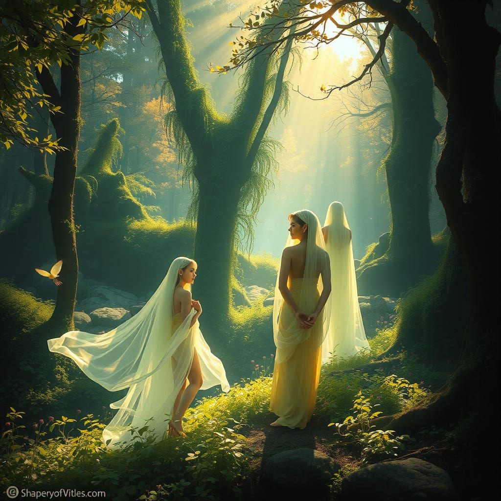 Ethereal Forest Spirits Dancing in Vibrant Woodland