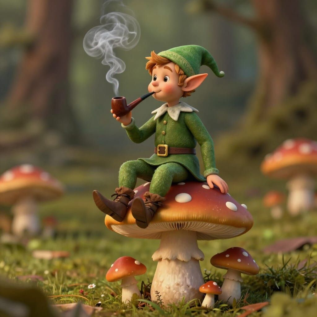 Elf Smoking Pipe on Mushroom in Beatrix Potter Style