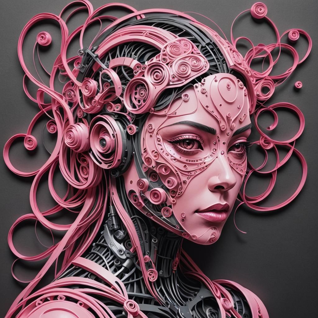 Pink Cyborg in Quilling Style Charcoal Drawing