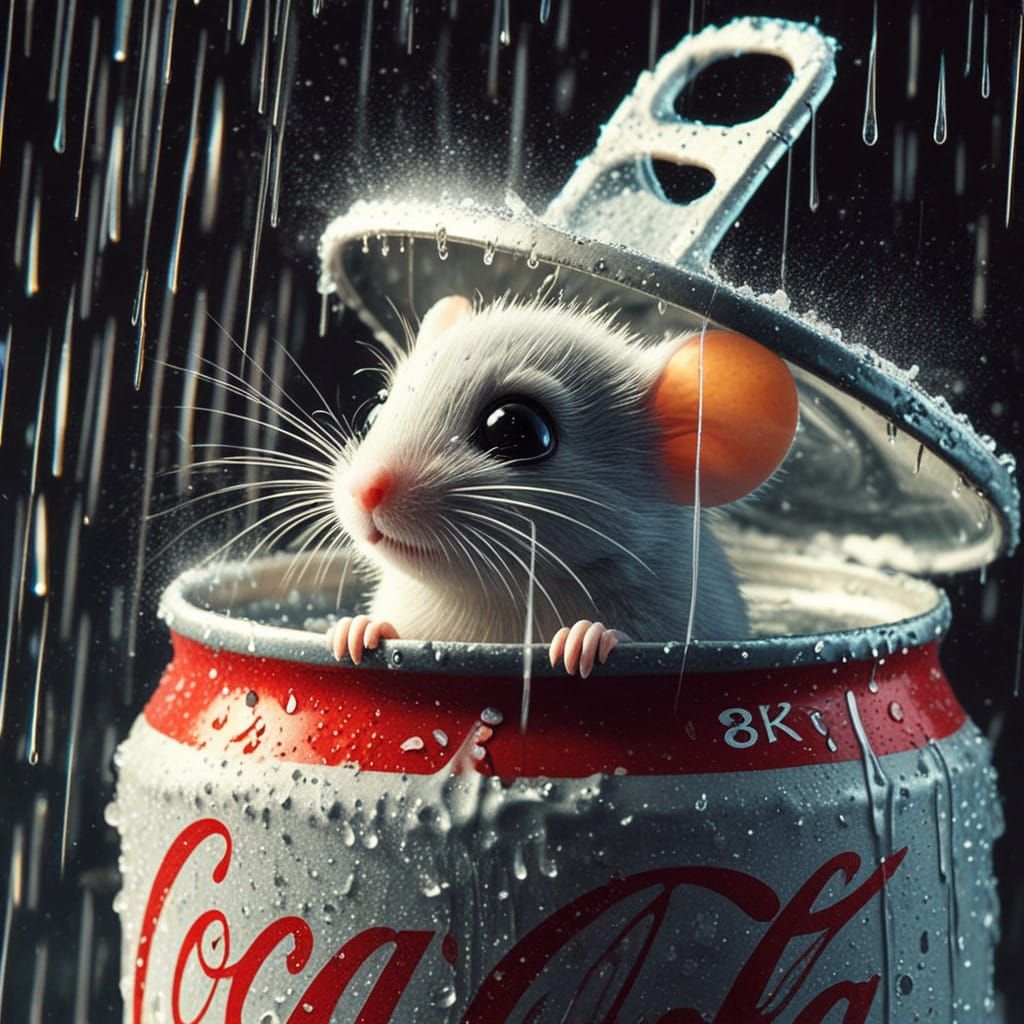 Hyperreal CGI Mouse Emerges from Soda Can in Dramatic Rainy....