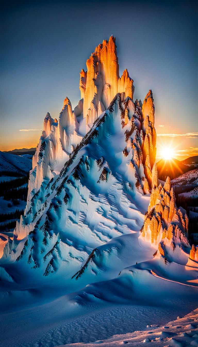Snowy Mountain Ice Sculpture at Sunset