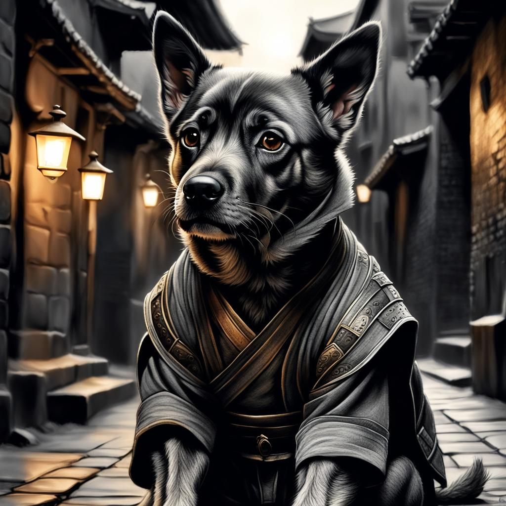Dog Ninja in Dim Alleyway: Charcoal Drawing