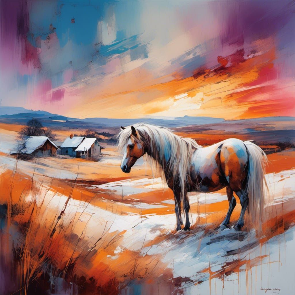 <lora:Woodsplash:1.0> A beautiful pony stands in a snowy win...