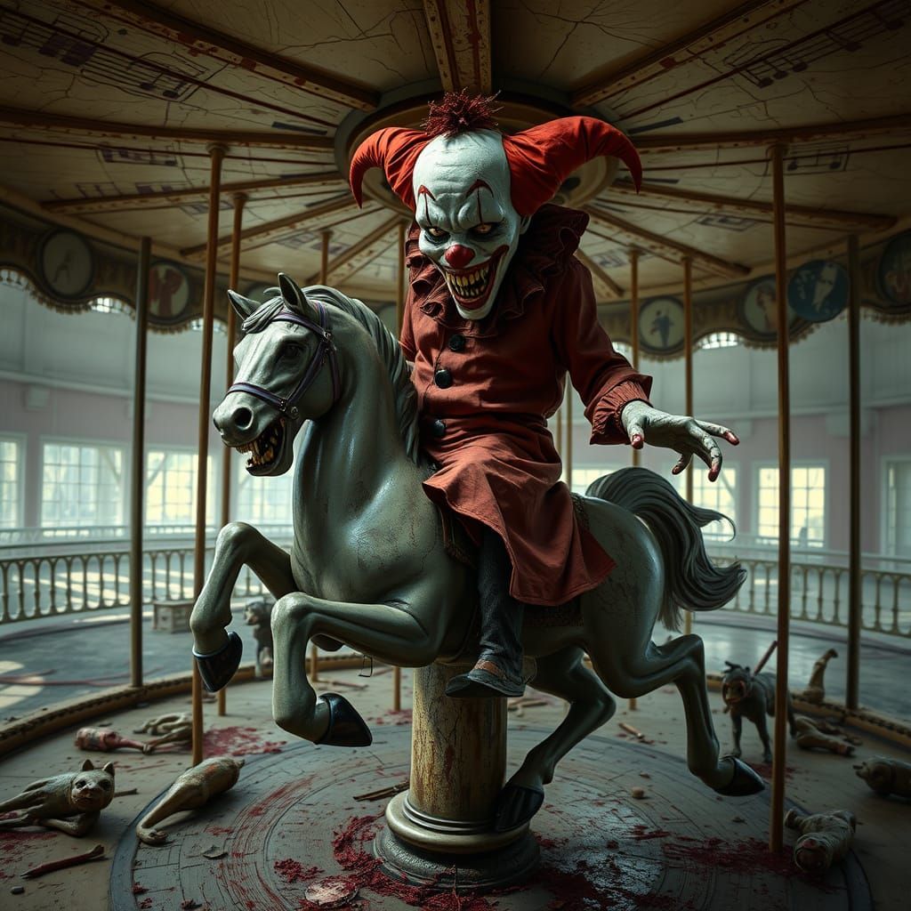 Grotesque Clown on Twisted Carousel Horse in Abandoned Amuse...