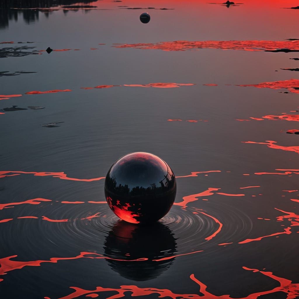 Gloss Black Orb Above Neon Lake