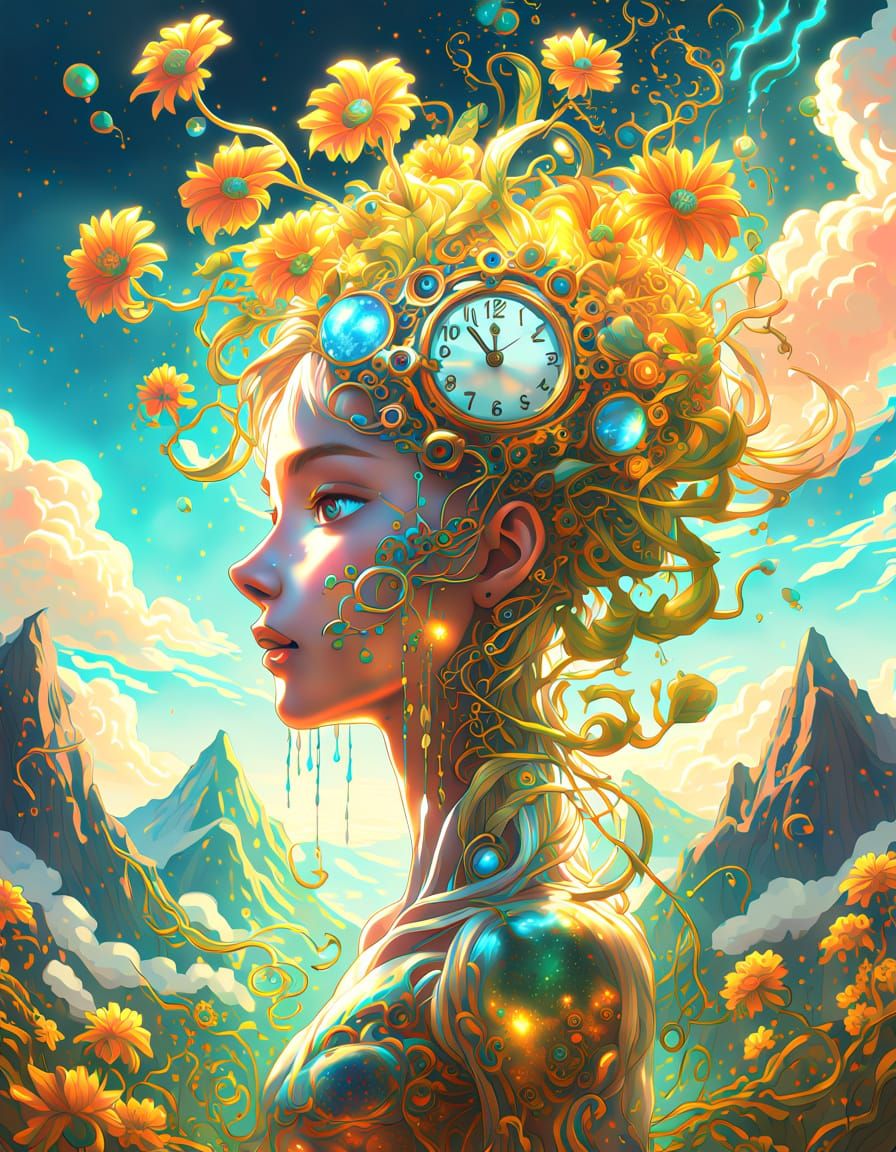 Surreal Clockwork Being in Dream Landscape