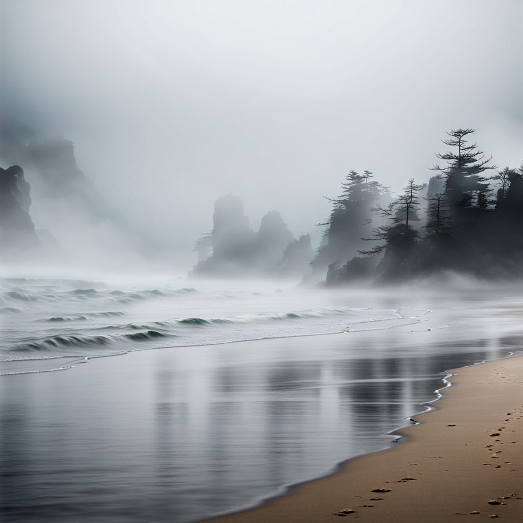 Mystical Beach Scene in Fog