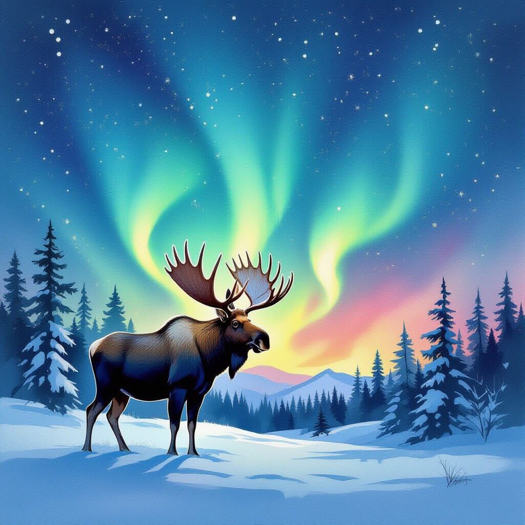 Moose Under Aurora Borealis in Artsy Ink Style