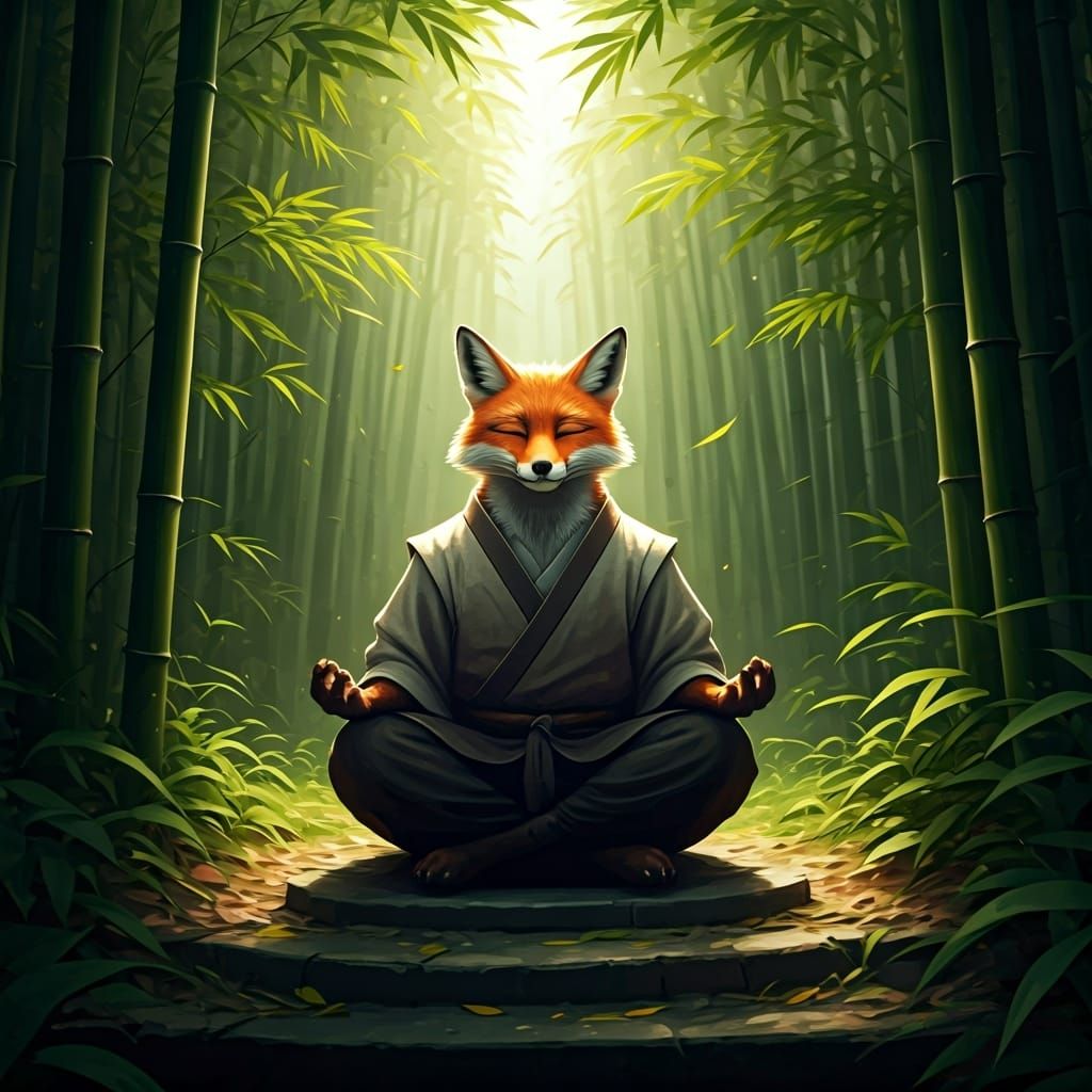 Fox Sensei Meditates in Bamboo Forest: Digital Painting
