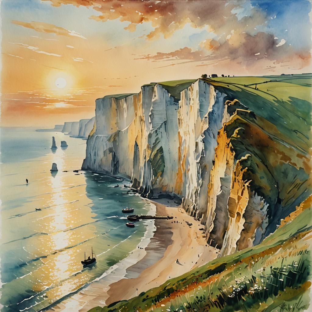 Dover's White Cliffs at Sunset: Impressionistic Style