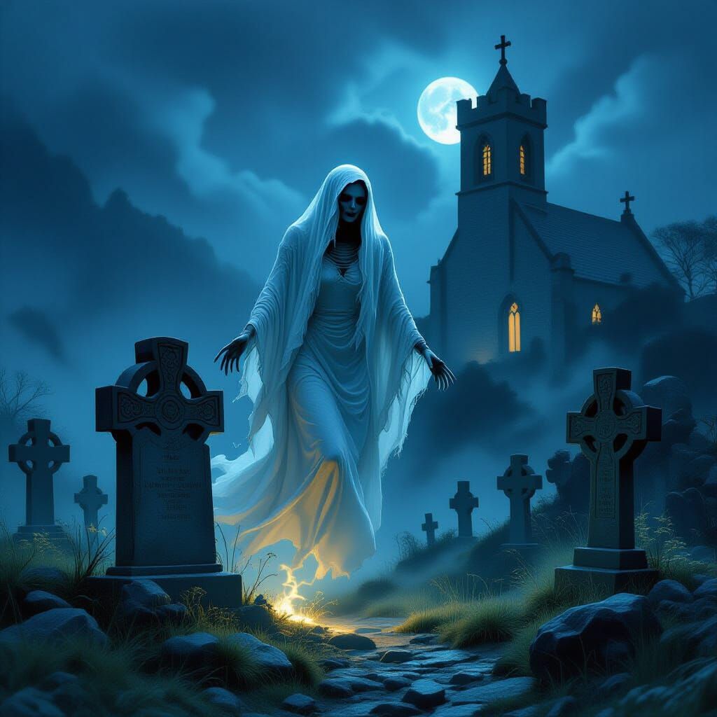 Ghostly Woman in Irish Cemetery, Dark Fantasy Style