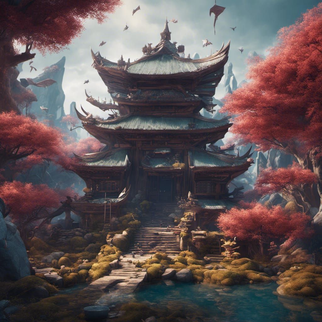 Fantastical Origami World: Detailed Matte Painting