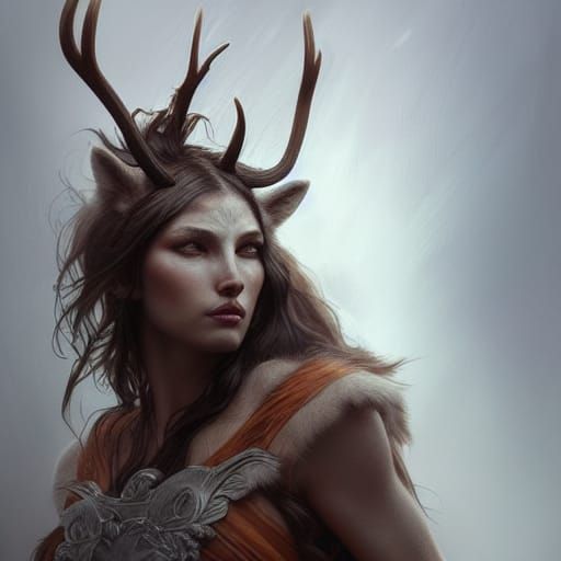 Antlered Wolf Goddess Warrior Portrait in Hyperrealism