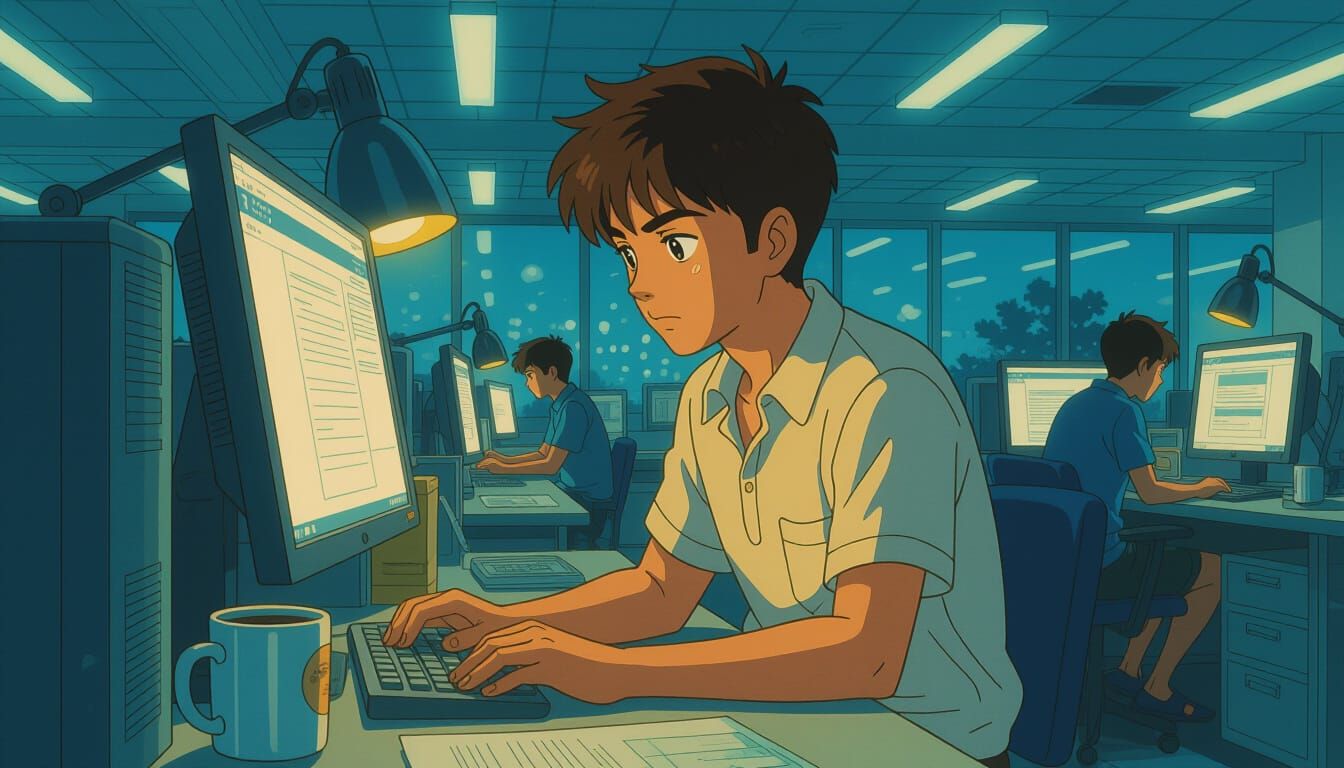Determined Indian Teenager Working Late in Office