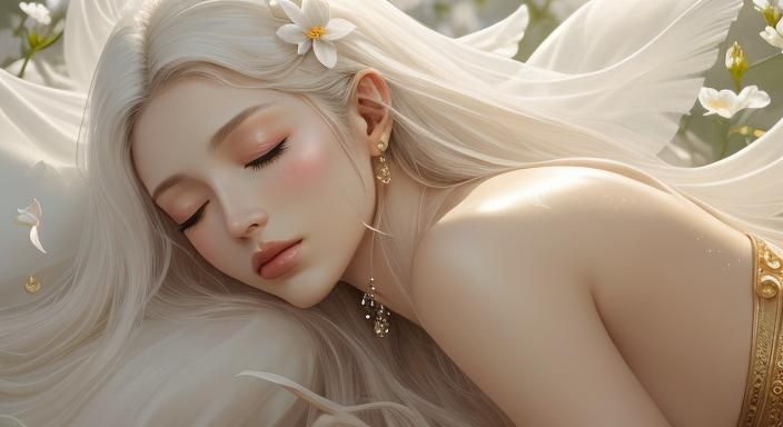 Dreamlike Surrealist Woman Amidst Floating Flowers