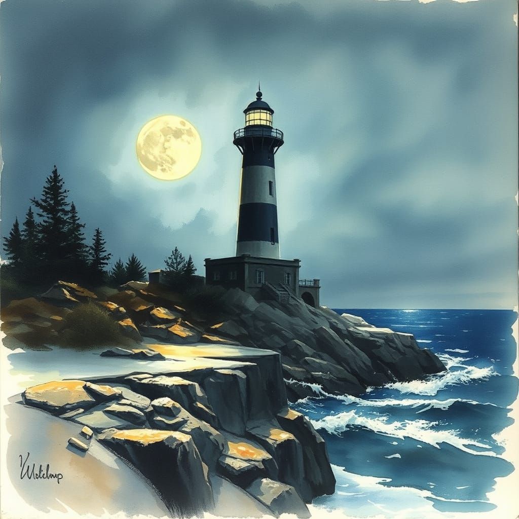 Moonlit Lighthouse by the Sea in Watercolor