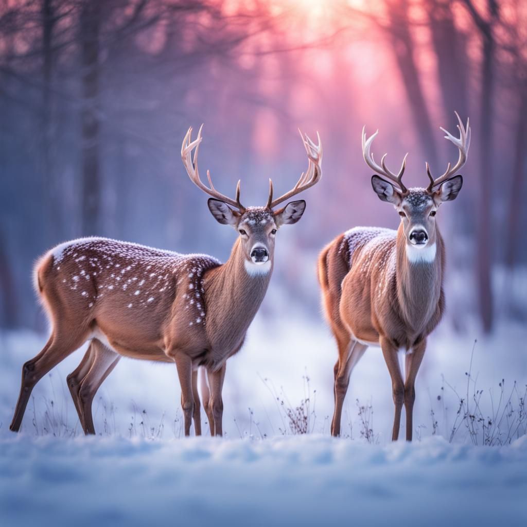 Magical Deer in Snowy Field with Pastel Lights