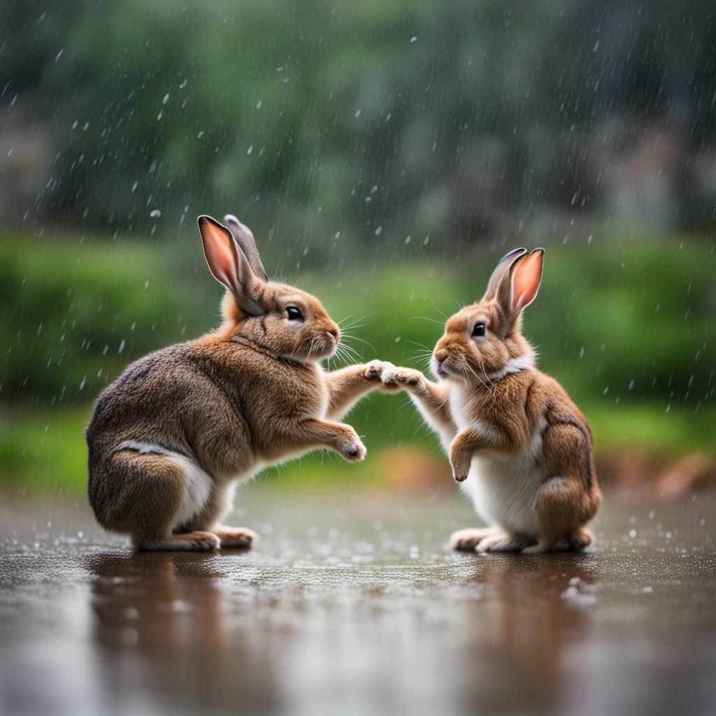 Rabbits Quarreling in the Rain: Professional Photo