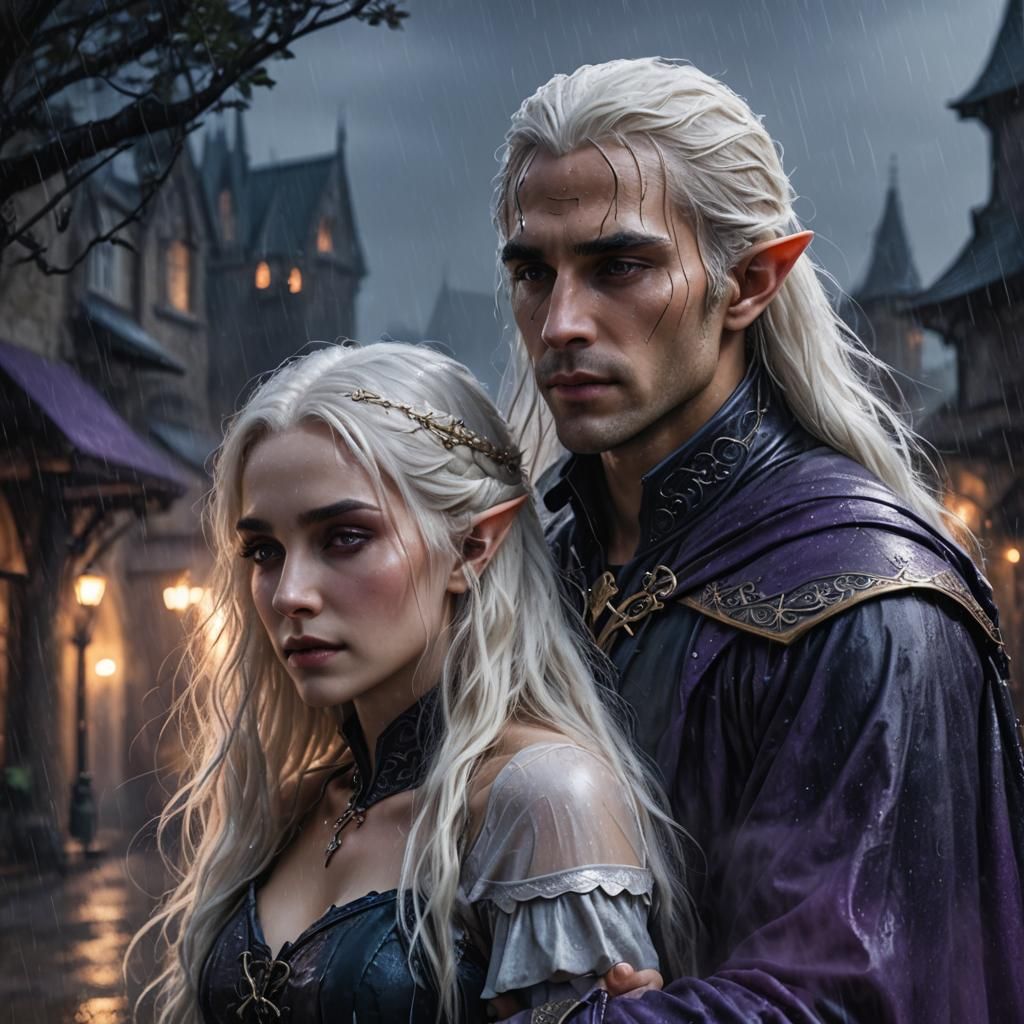 Fantasy Elf and Human Embrace in Gothic Rain
