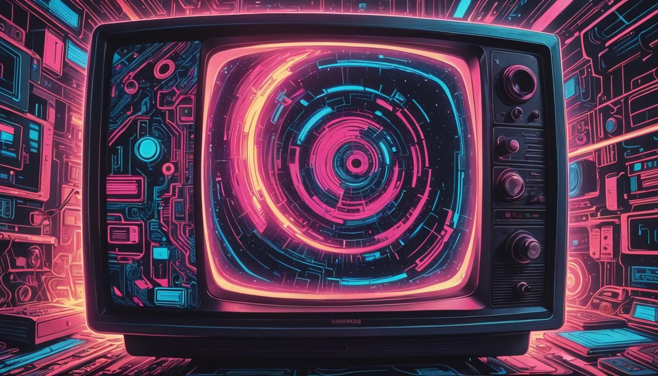 Cosmic Artifact on TV Screen in Retrofuturism Style