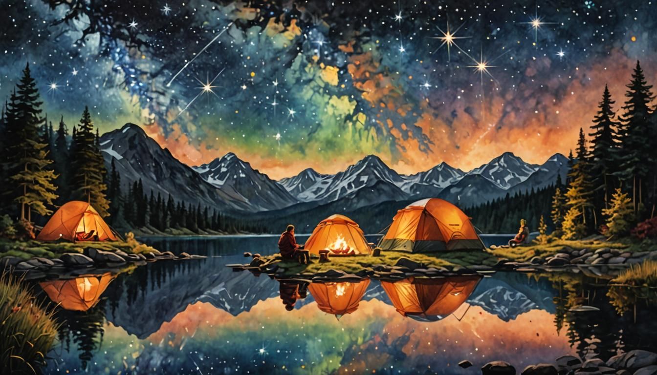 Family Campout Under a Meteor Shower, in Candy Art Style