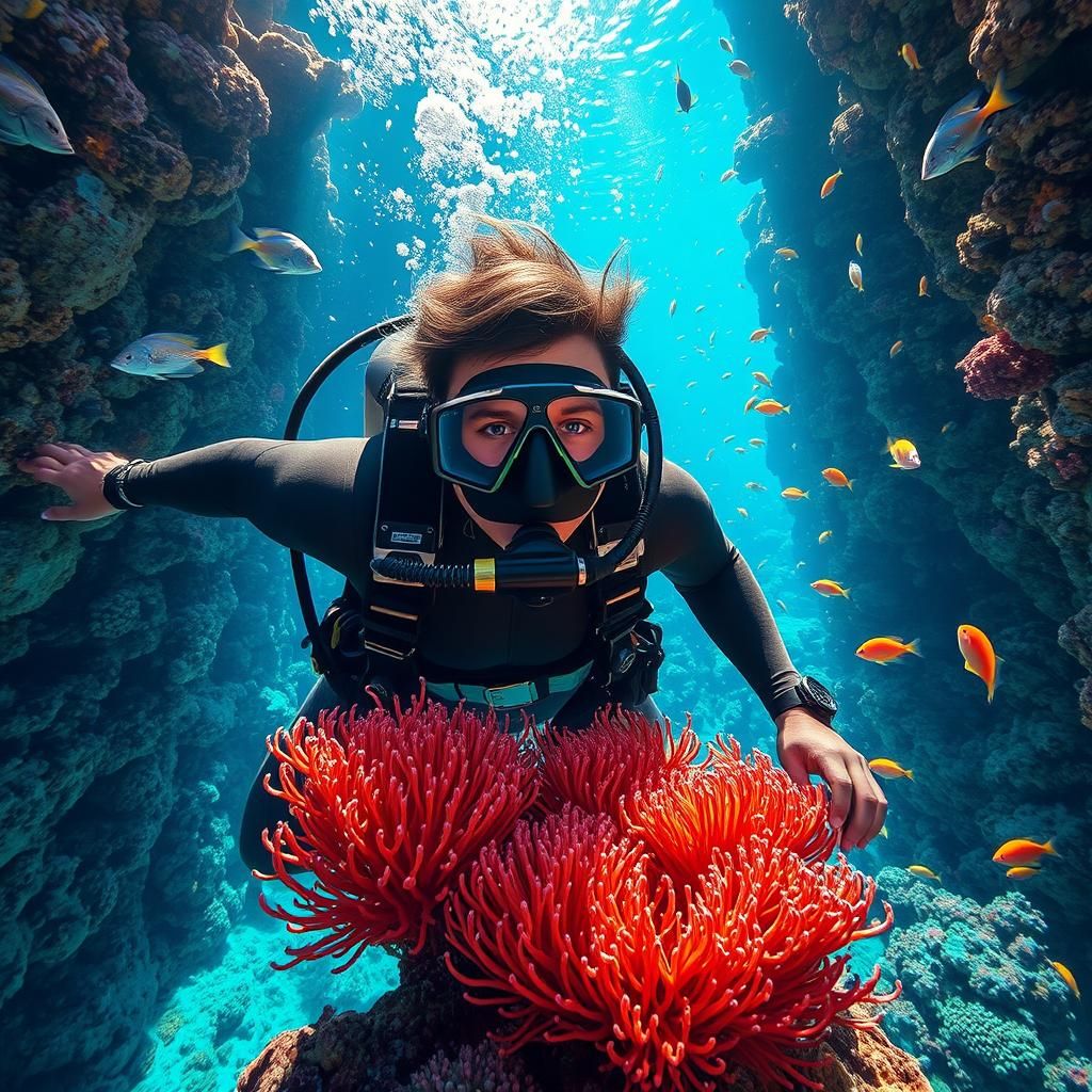 Vibrant Diver Explores Thriving Coral Reef in Street Art Sty...