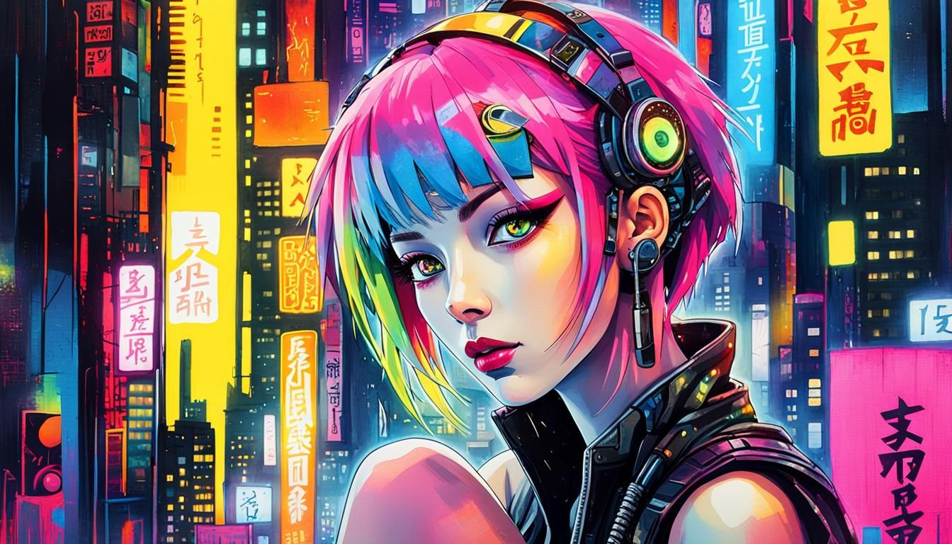Cybernetic Woman in Neon Cityscape: Urban Punk Art