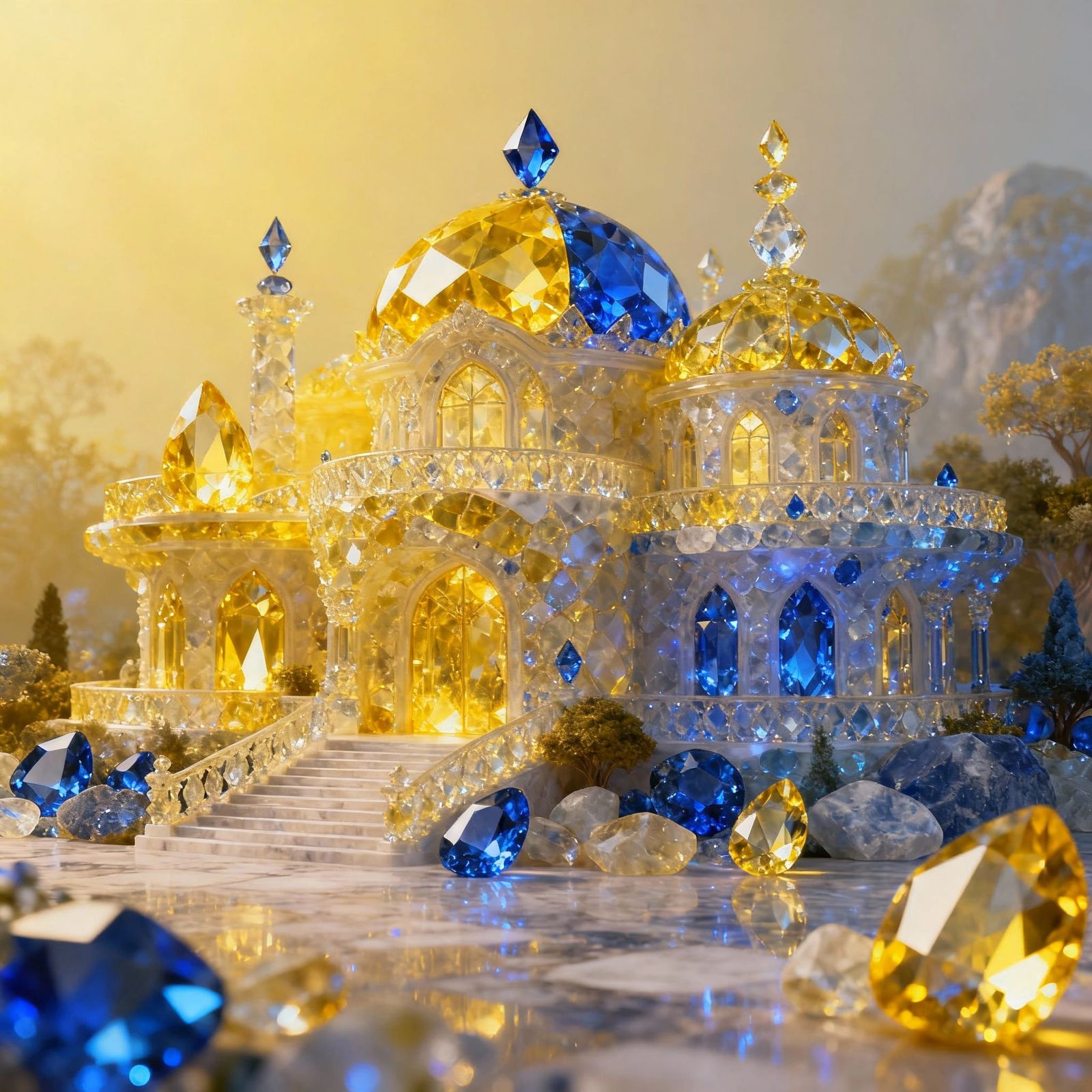 A gorgeous villa all made of topaz and sapphire. Diffuse lig...